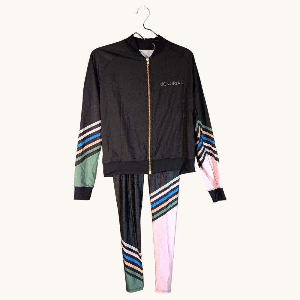 Goldsheep Womens Small 2 Piece Set Jacket Leggings Crop Black Multi Ful Zip